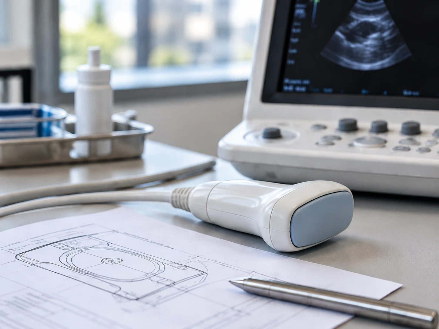 Ultrasound probe and console beside an engineering drawing on a desk.